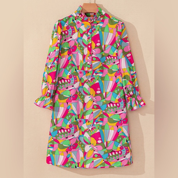 B0803: Lantern Sleeve Buttoned Mini Dress - Picture 4 of 4